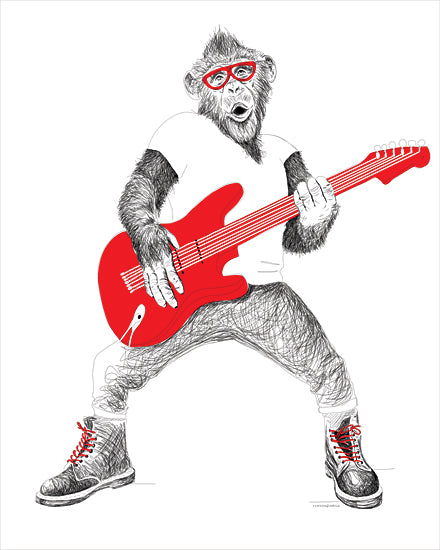 Kamdon Kreations KAM744 - KAM744 - Hey, Hey Monkey - 12x16 Whimsical, Monkey, Guitar, Rock N' Roll, Music, Drawing Print, Red & White, Masculine from Penny Lane