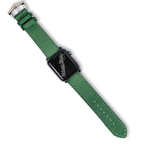 Apple Watch Leather Band Hammered Green Ecru Stitches