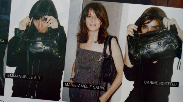 Emmanuelle Alt, Marie-Amelie Sauve and Carine Roitfeld with their Balenciaga Motorcycle Lariat Bags