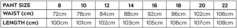 Slim Pants Size Chart