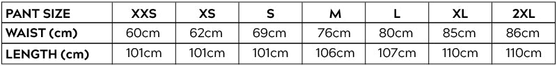 Travel Pants Size Chart