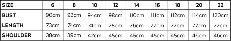 Women's Side Split Top Size Chart