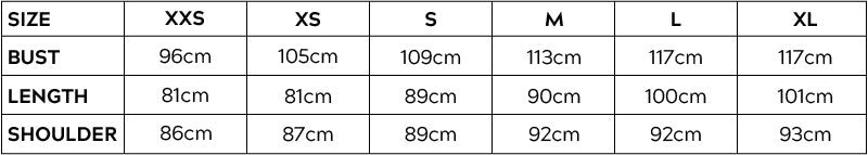 Women's JS Top Measurements