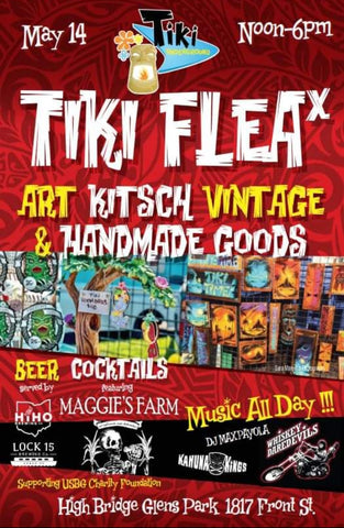 Tiki Underground Flea Market postcard featuring bands, vendors, and Smashfire Designs on May 14th, 2022