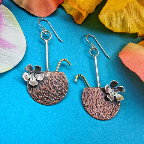 Hammered copper coconut drink earrings sterling silver ear wires