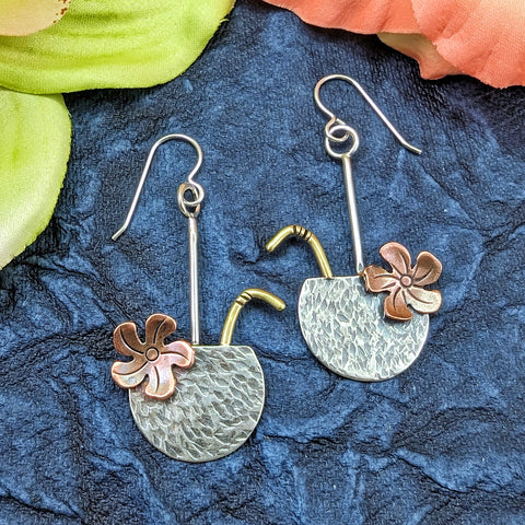 Hammered sterling silver, copper and brass coconut drink earrings