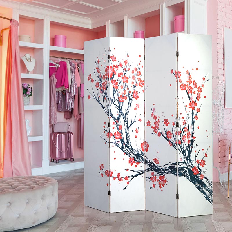 American Art Decor's DOUBLE-SIDED RED & BLUE CHERRY BLOSSOM TREE CANVAS ROOM DIVIDER in a bedroom.