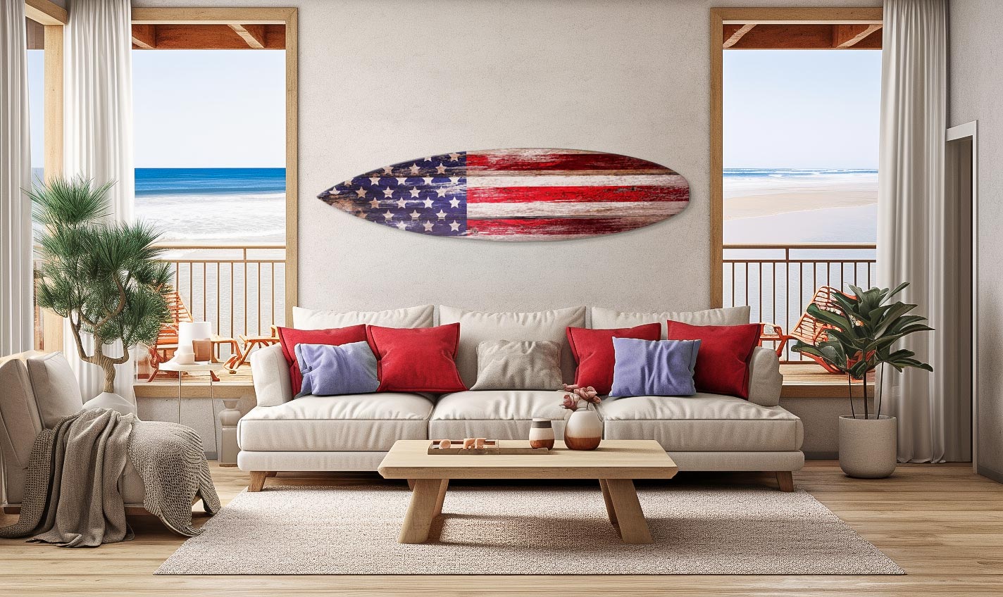 An American Art Decor USA AMERICAN FLAG SURFBOARD PLAQUE hanging in a living room overlooking the beach next to a couch.