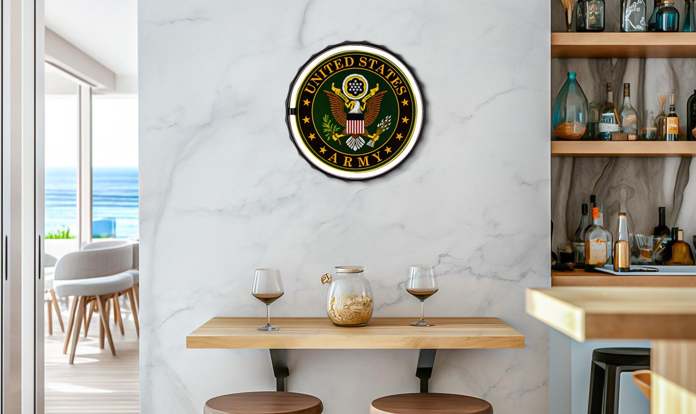 An American Art Decor United States Army rope LED sign hangs on a kitchen bar wall overlooking the beach.
