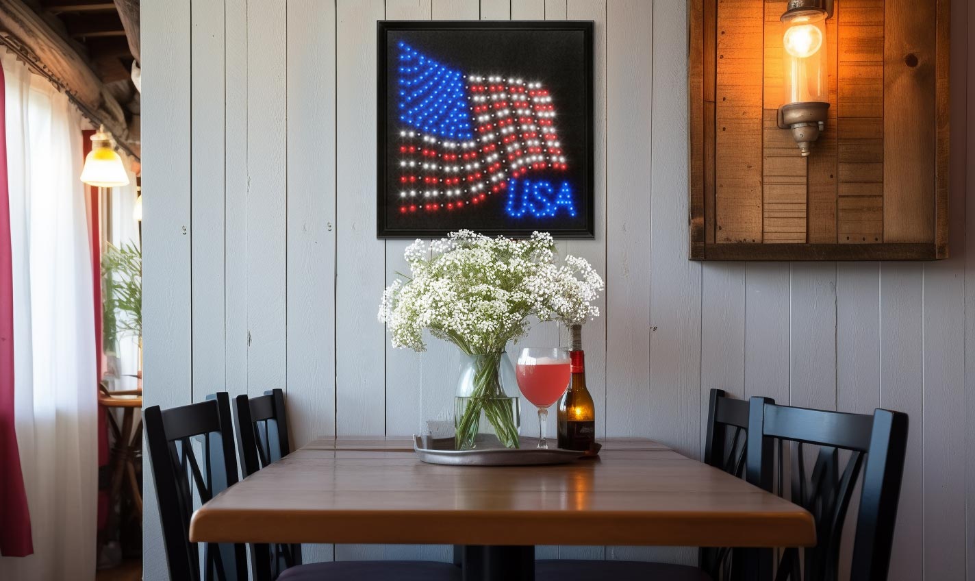 An American Art Decor USA AMERICAN FLAG FRAMED LED SIGN hanging on a kitchen wall above a table. 