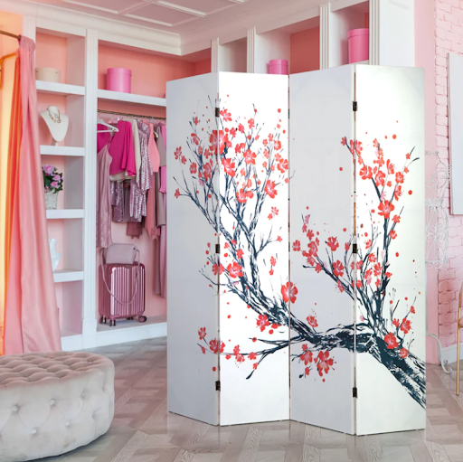 American Art Decor's double sided cherry blossom room divider in a bedroom.