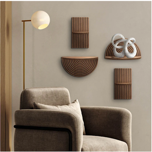 American Art Decor's Half Circles Meet Right Angles 4-piece shelf set on a living room wall.