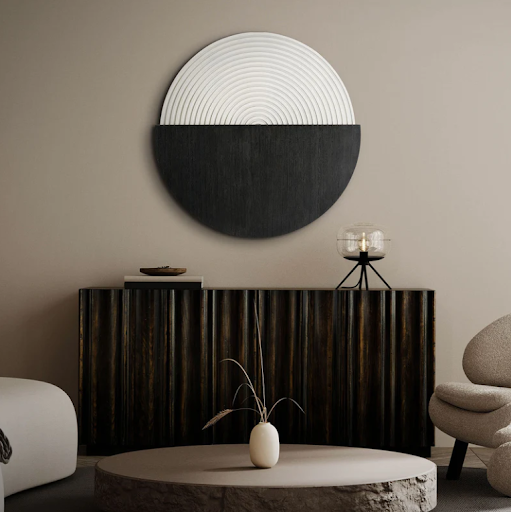 American Art Decor's Discus of Destiny on a living room wall.