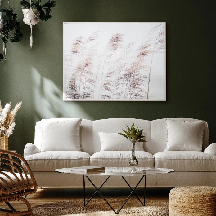 Native Spelt Wheat Framed Canvas Wall Art Print hanging on a green living room wall above a white couch