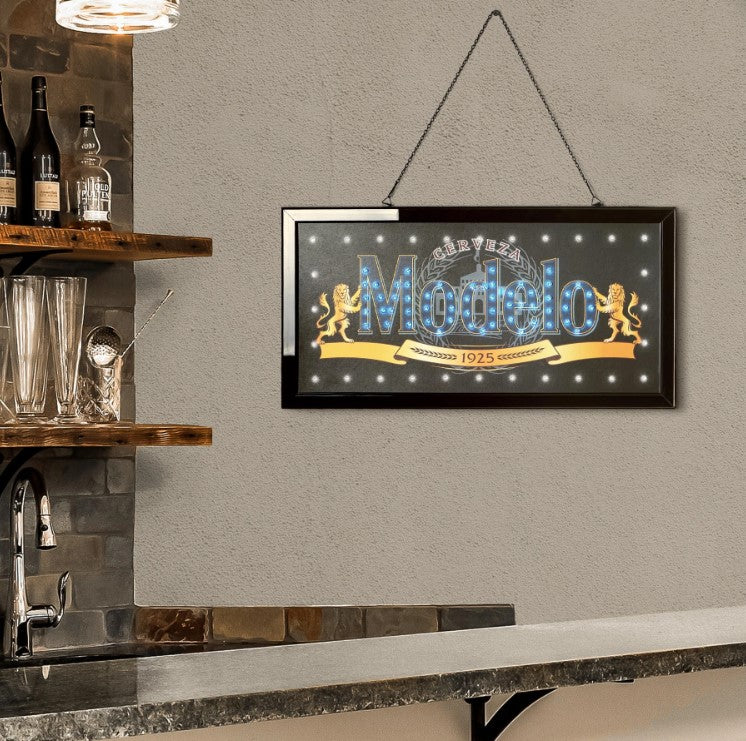 Licensed Modelo Framed Flashing LED Marquee Wall Sign hanging on a home bar wall. 