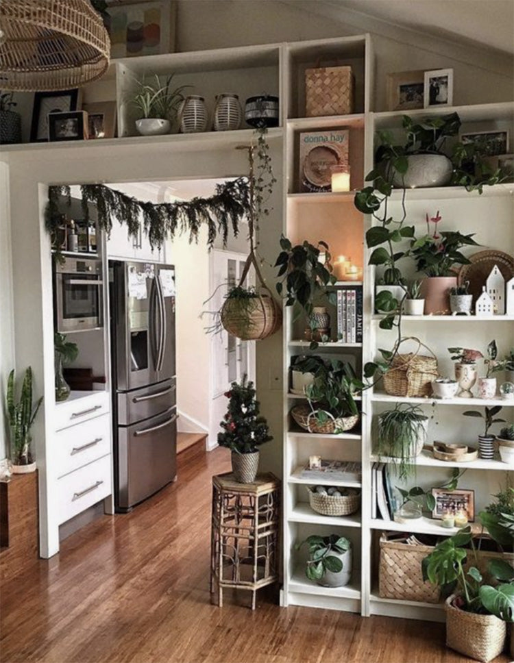 Plants, books, and pictures, and tchotchkes line inlaid, book case shelving. The floors are hard wood, and there is a rattan chandelier.