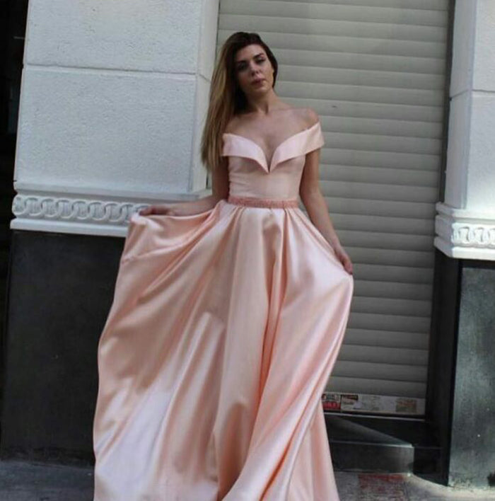 satin off the shoulder gown