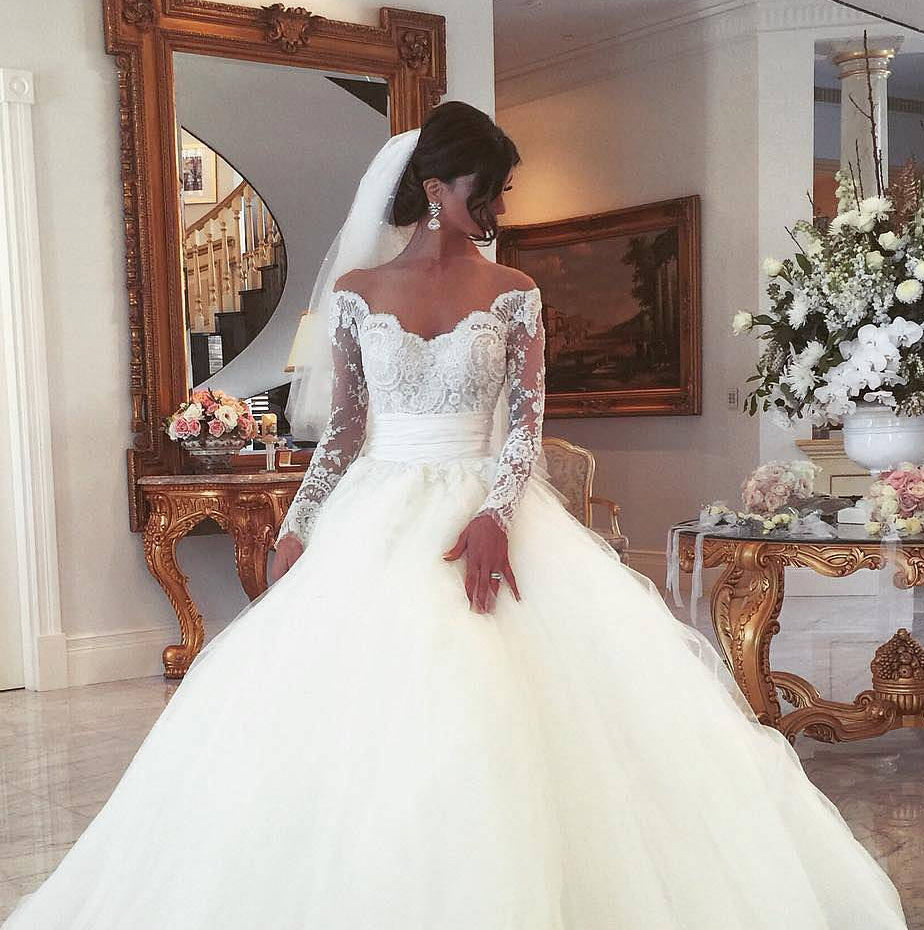 Off Shoulder Long Sleeves Ball Gown Wedding Dress - CatSmile