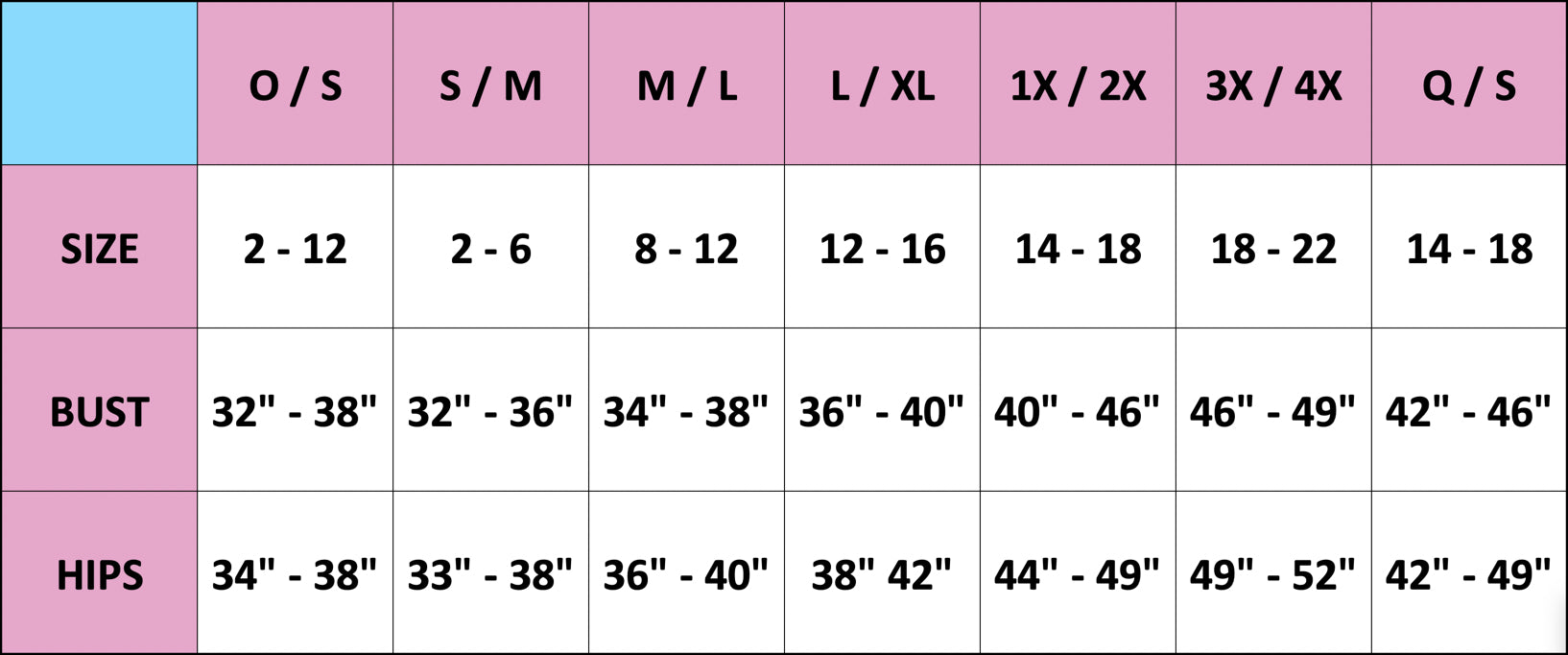 PS I Love You Direct Size Chart