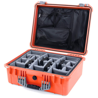 Pelican 1550 Case, Orange with Silver Handle & Latches Gray Padded Microfiber Dividers with Mesh Lid Organizer ColorCase 015500-0170-150-180