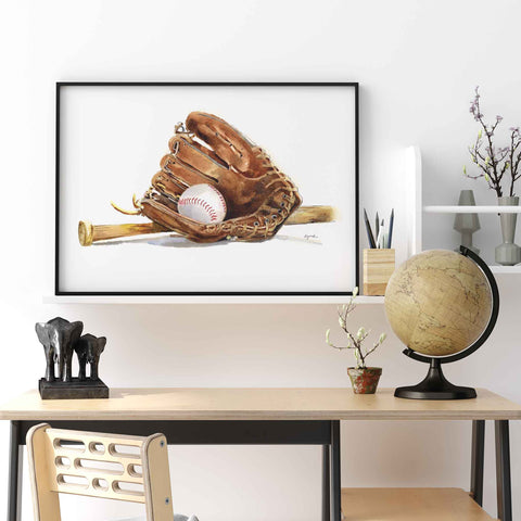 Baseball Bat & Glove Watercolor Print
