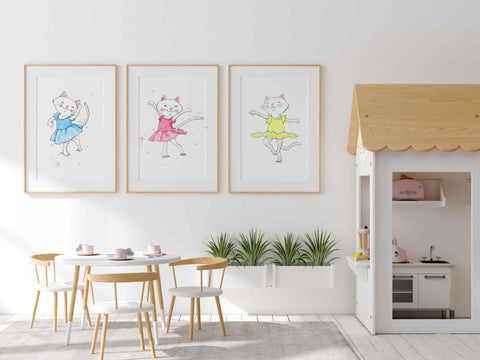 set of 3 ballerina cat art prints for girls rooms