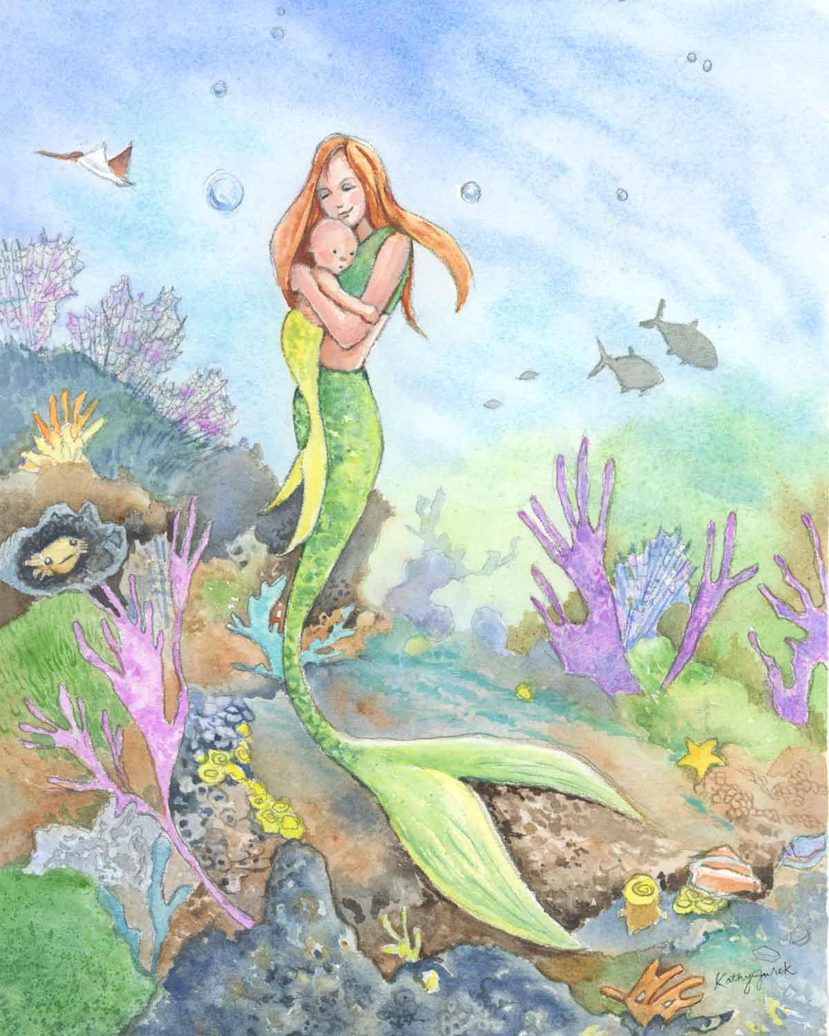 Caroline's Treasures Brunette Mermaid Watercolor Greeting Cards