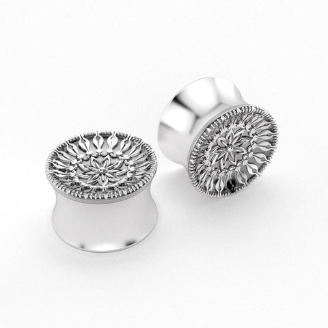 Protea plug earrings in sterling silver with a radial pattern based on the King Protea flower