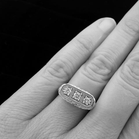 Christine Alaniz Designs custom vintage inspired 3 stone diamond engagement ring