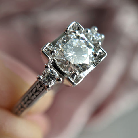 christine alaniz designs heirloom diamond engagement ring with a square shaped center and engraving