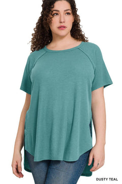 Dusty Teal Split Hem Baby Waffle Knit Curvy Top