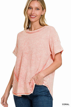 Coral Washed Waffle Knit Short Sleeve Top