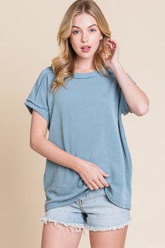 Blue Rib Knit Short Sleeve Top