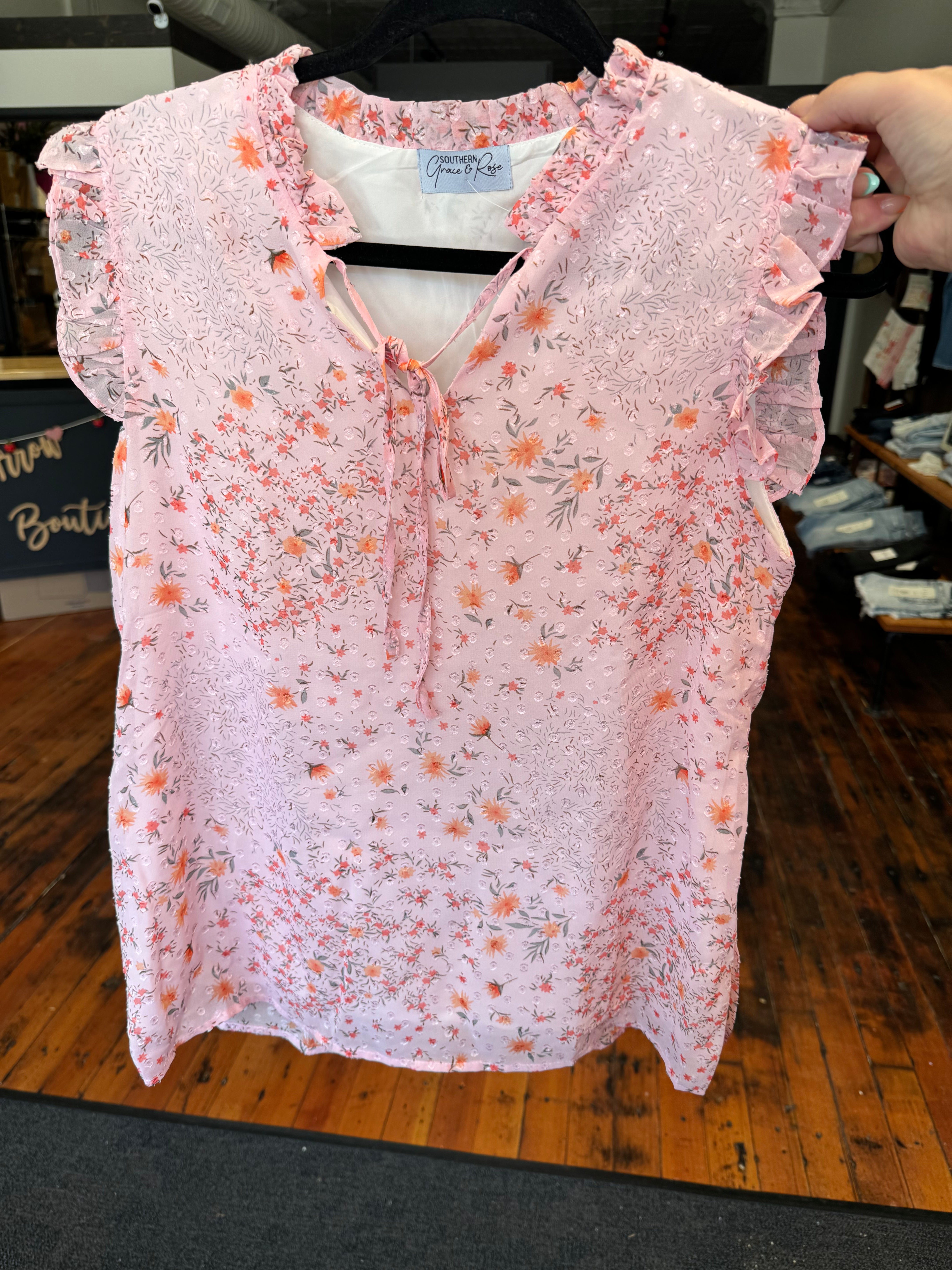 Blushing Florals Cap Sleeve Tie Front Blouse