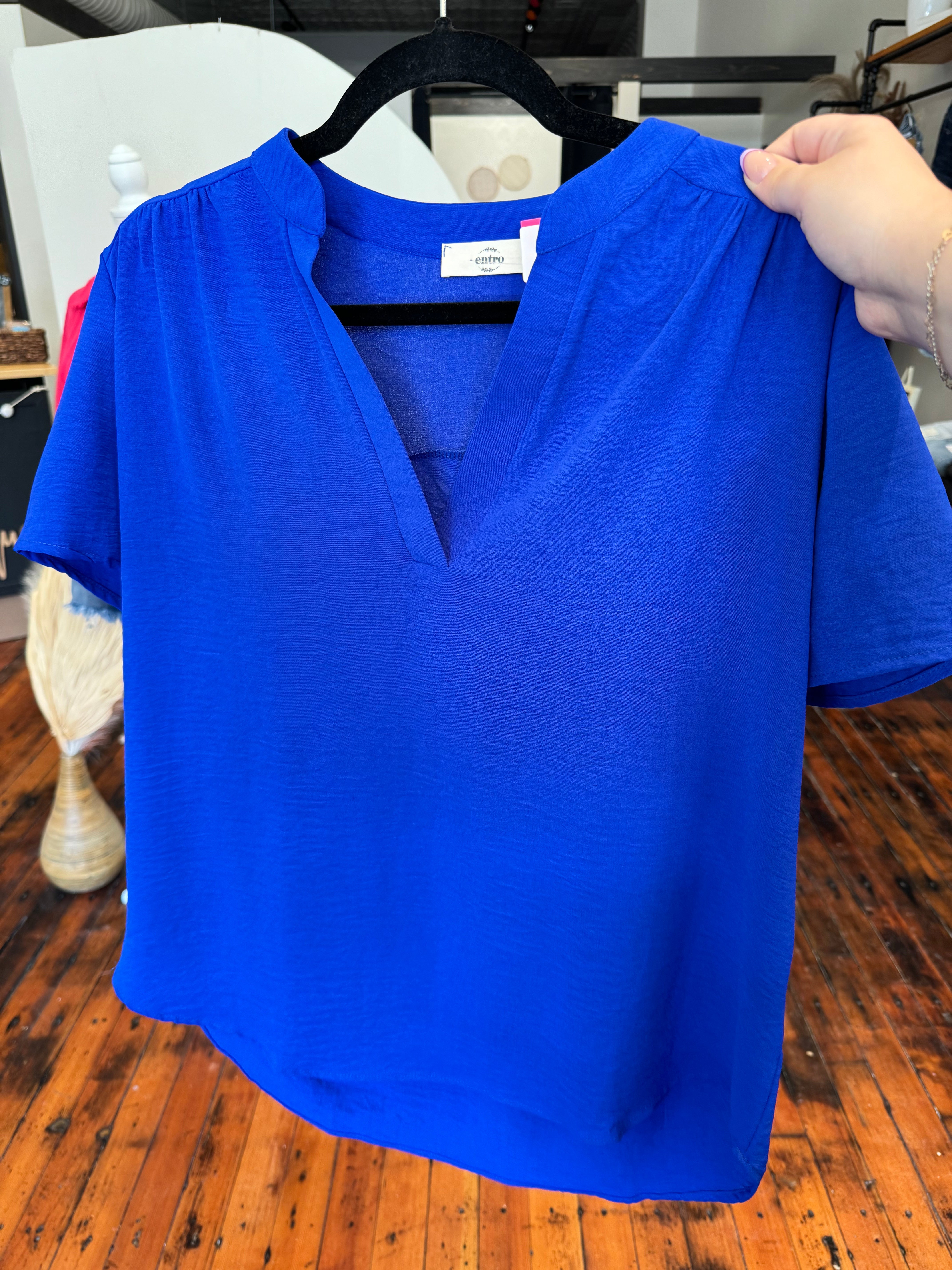 Royal Blue V Neck Short Sleeve Blouse