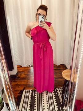 The Wren Fuchsia One Shoulder Fit and Flare Dress