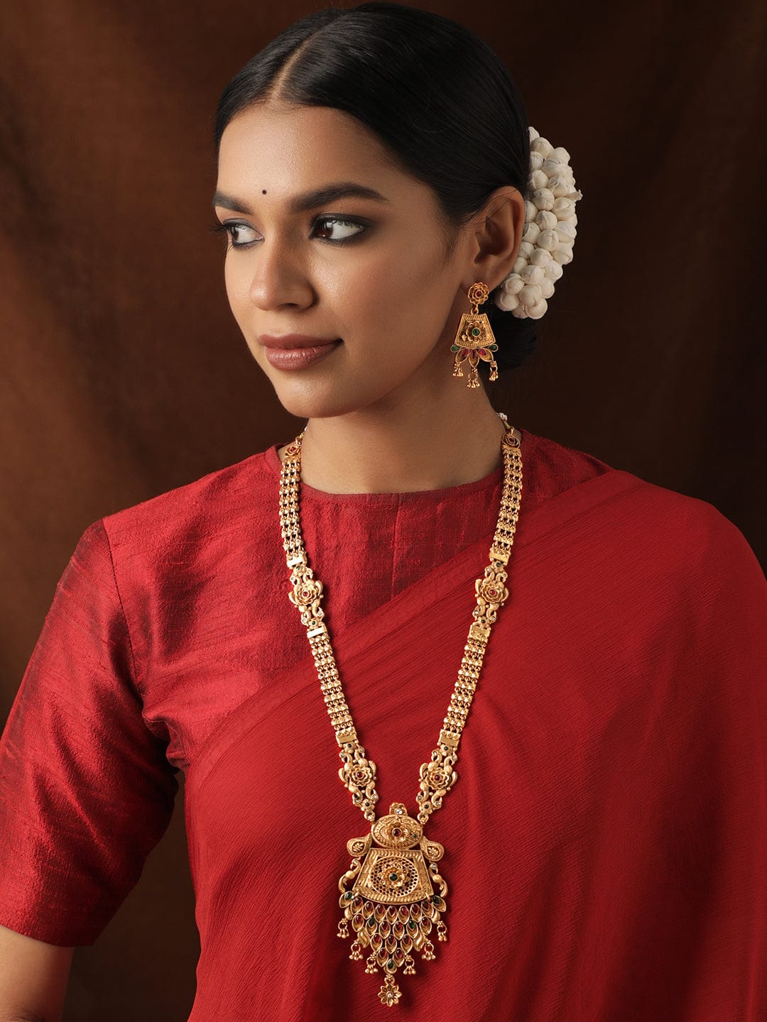 Rubans Gold-Toned Long Necklace Set with Ravishing Red and Green Stone