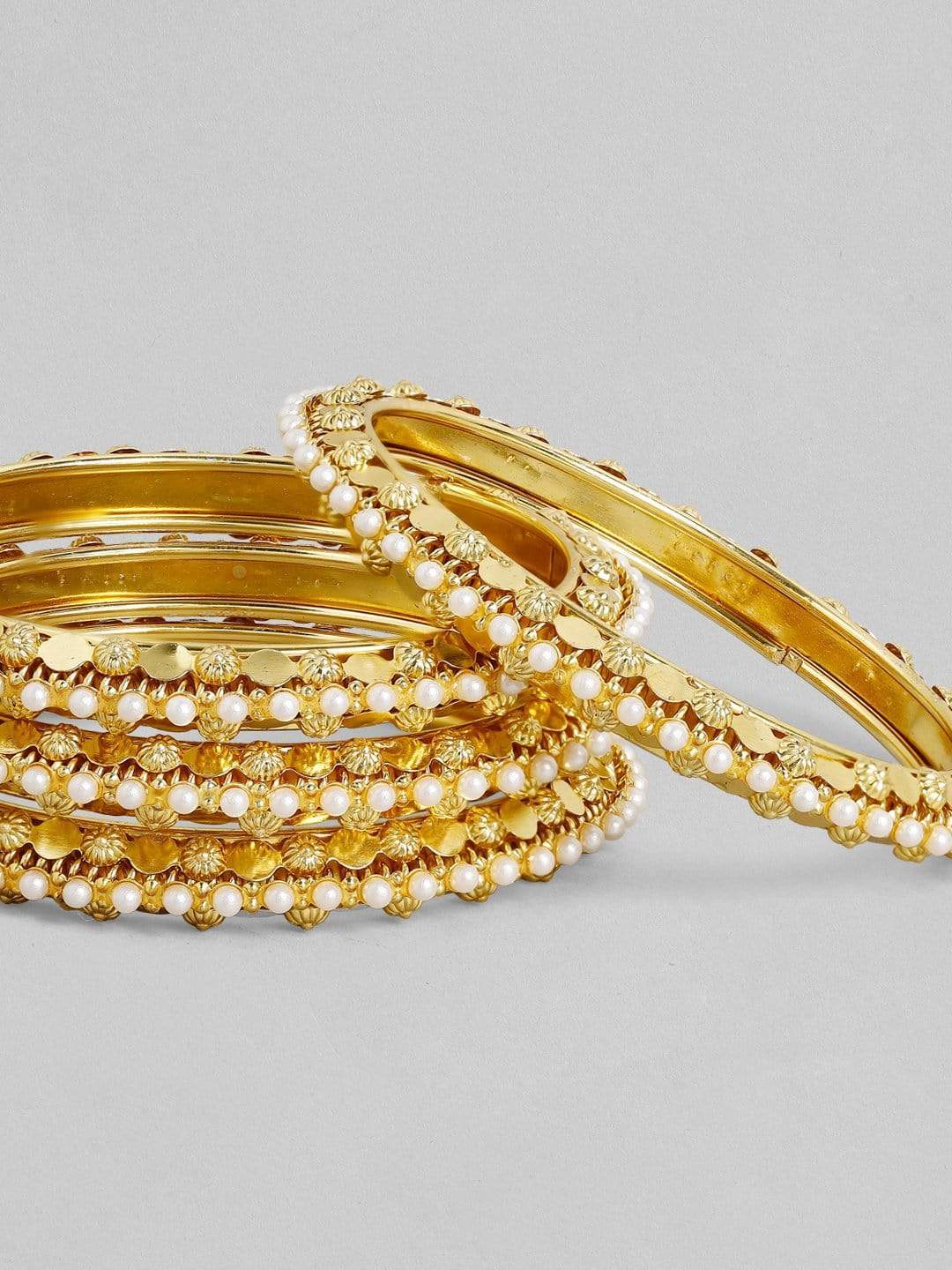 Rubans 24K Gold Plated Handcrafted White Pearls Filligree of 4 Bangles Bangles &amp; Bracelets
