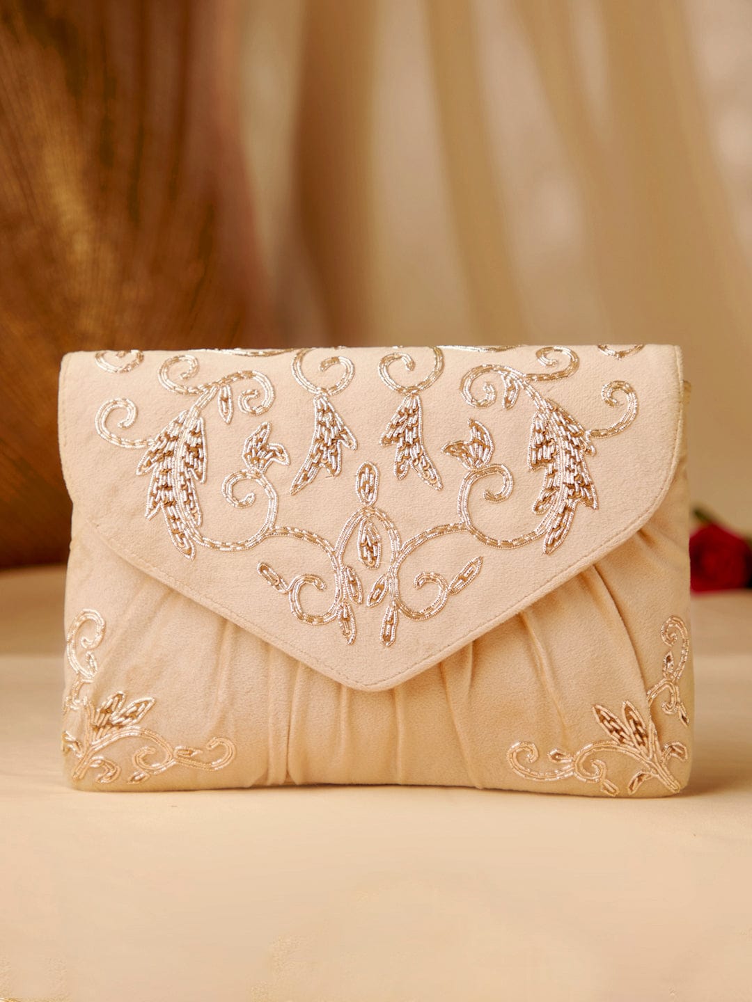 Rubans White Clutch Bags with Pearl and Stone Embellishment