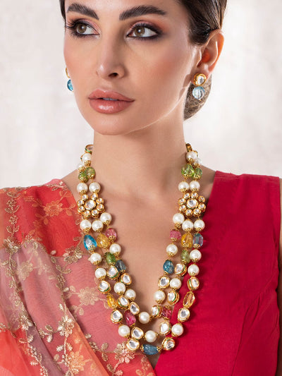 Rubans Luxury 22K Gold Plated Handcrafted Gemstone & White Pearls Layered Necklace Set Necklace Set