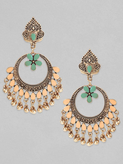 Rubans Oxidised Gold Plated Handcrafted Green &amp; Pink Enamel with Ghungru Chandbali Earrings Earrings