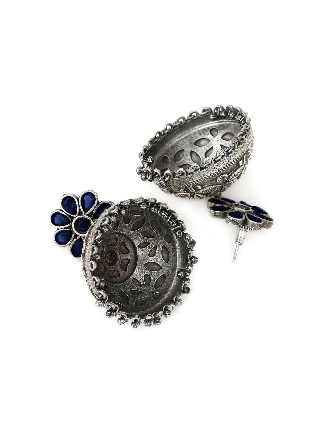 Rubans Silver Plated Oxidised Blue Stone Jhumka Earrings Earrings