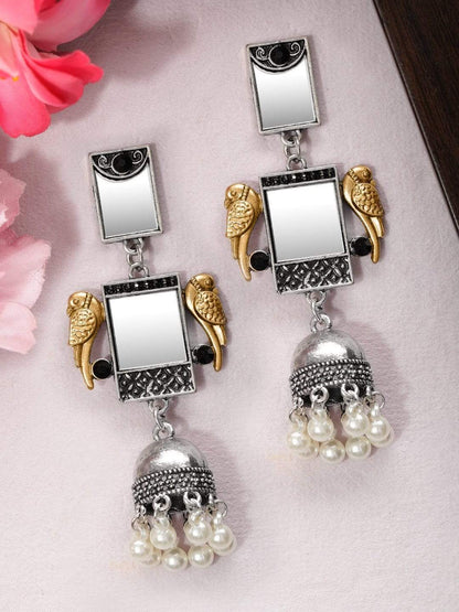 Rubans  Silver Plated Oxidised Handcrafted Mirror Jhumka Earrings Earrings