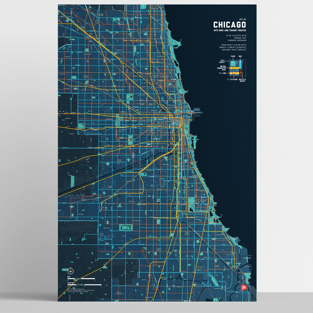 Chicago Bike & Transit Map (Midnight Blue) Printing Press