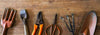 Rusty garden tools on a table