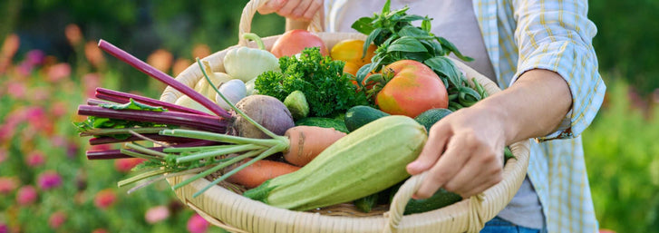 Joy Larkom - Gardening Wisdom and Inspirationwoman holding a basket of freshly harvested vegetables