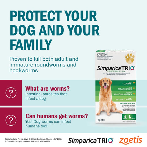 One chew monthly prevents deadly heartworm disease and provides treatment and control of fleas, ticks and gastrointestinal worms in dogs and puppies from 8 weeks of age.