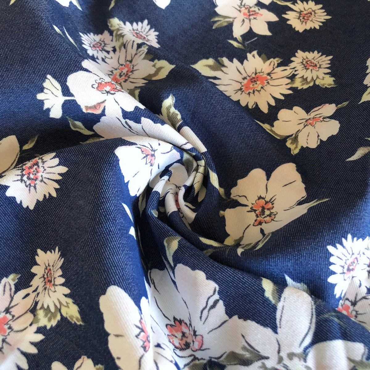 White Floral Print Denim Fabric by the Yard