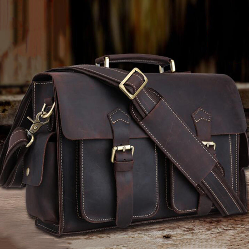 Crazy Horse Leather Men Briefcase Retro Shoulder Messenger Bag Laptop ...