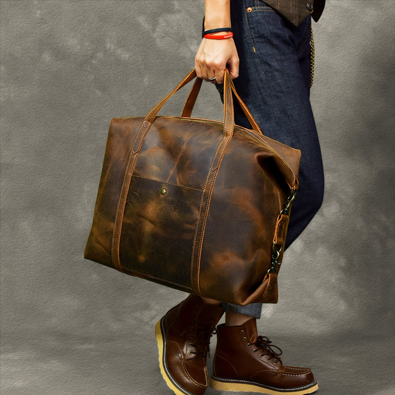 Vintage Men Travel Bags Crazy Horse Leather Men Short Trip Duffle Bag ...